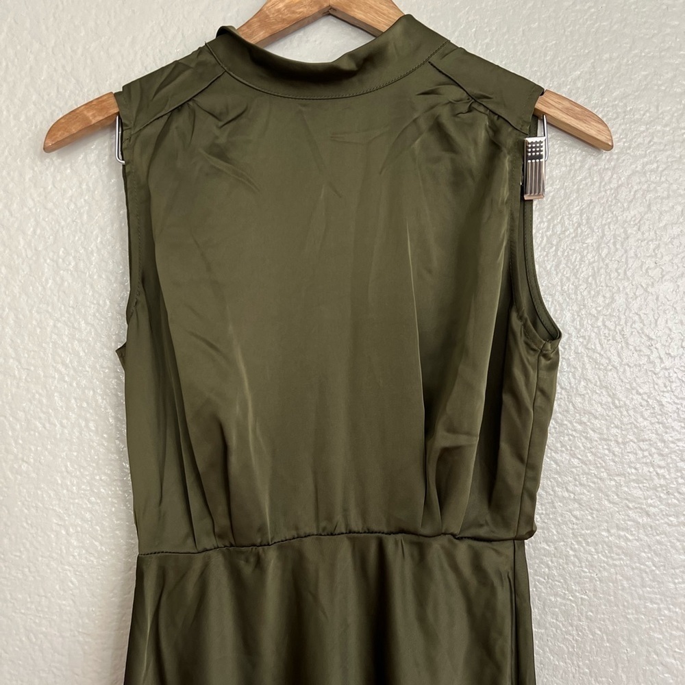 Classic Elegance Olive Satin Sleeveless Mock Neck Maxi Dress - Picture 4 of 10